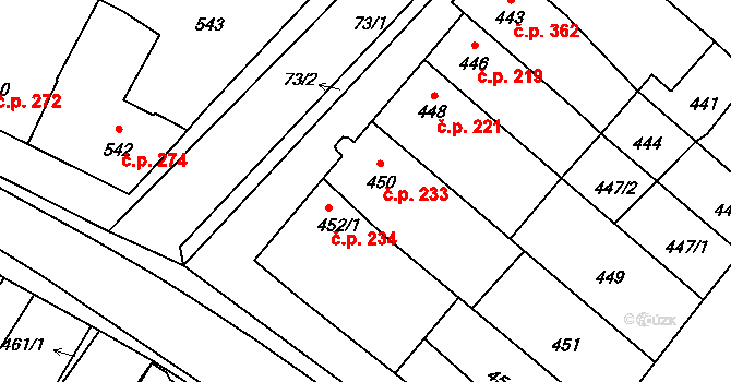 Těšany 233 na parcele st. 450 v KÚ Těšany, Katastrální mapa