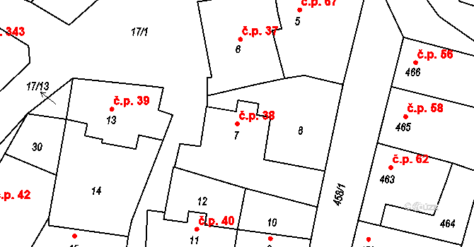 Hřebeč 38 na parcele st. 7 v KÚ Hřebeč, Katastrální mapa