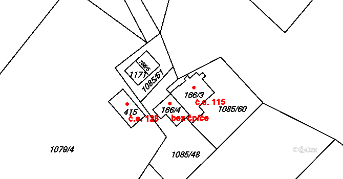 Košařiska 115 na parcele st. 166/3 v KÚ Košařiska, Katastrální mapa