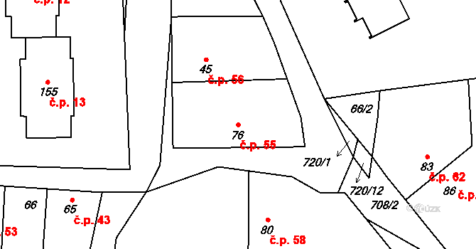 Hořešovice 55 na parcele st. 76 v KÚ Hořešovice, Katastrální mapa