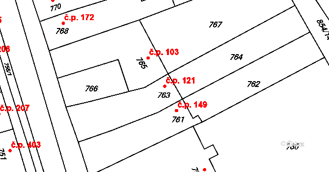 Horka nad Moravou 121 na parcele st. 763 v KÚ Horka nad Moravou, Katastrální mapa
