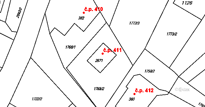 Rožnov pod Radhoštěm 411 na parcele st. 2671 v KÚ Rožnov pod Radhoštěm, Katastrální mapa