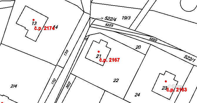 Rožnov pod Radhoštěm 2167 na parcele st. 21 v KÚ Hážovice, Katastrální mapa