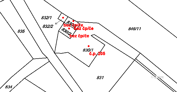 Závada 205, Petrovice u Karviné na parcele st. 830/1 v KÚ Závada nad Olší, Katastrální mapa