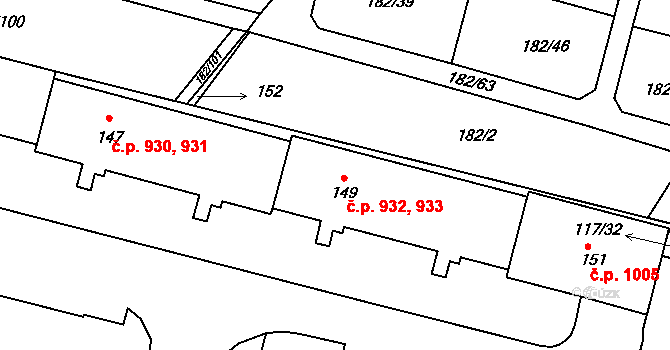 Borovina 932,933, Třebíč na parcele st. 149 v KÚ Řípov, Katastrální mapa