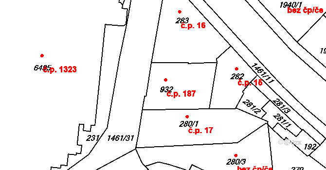 Horka-Domky 187, Třebíč na parcele st. 932 v KÚ Třebíč, Katastrální mapa