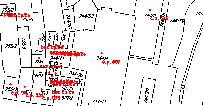 Jundrov 557, Brno na parcele st. 744/4 v KÚ Jundrov, Katastrální mapa