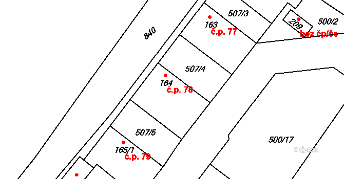 Břežany I 78 na parcele st. 164 v KÚ Břežany I, Katastrální mapa