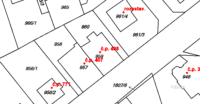 Řeporyje 408, Praha na parcele st. 959 v KÚ Řeporyje, Katastrální mapa
