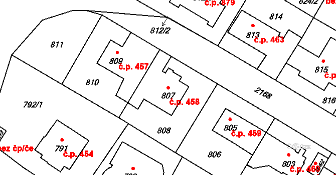 Ruzyně 458, Praha na parcele st. 807 v KÚ Ruzyně, Katastrální mapa