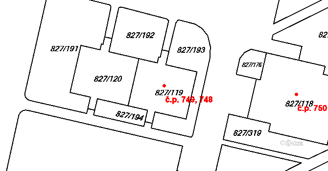 Bohnice 748,749, Praha na parcele st. 827/119 v KÚ Bohnice, Katastrální mapa