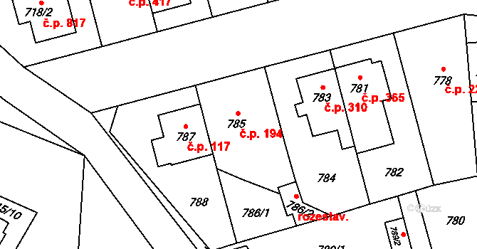 Hostivař 194, Praha na parcele st. 785 v KÚ Hostivař, Katastrální mapa