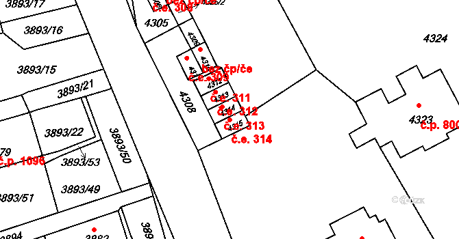 Jirkov 314 na parcele st. 4315 v KÚ Jirkov, Katastrální mapa