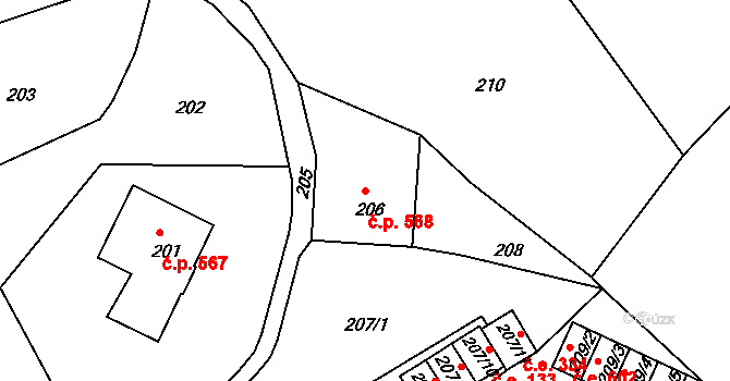 Rumburk 1 568, Rumburk na parcele st. 206 v KÚ Rumburk, Katastrální mapa