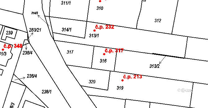 Opatovice 317 na parcele st. 316 v KÚ Opatovice u Rajhradu, Katastrální mapa