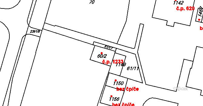 Rosice 1233 na parcele st. 60/2 v KÚ Rosice u Brna, Katastrální mapa