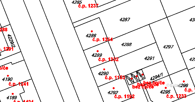 Východní Předměstí 1332, Plzeň na parcele st. 4289 v KÚ Plzeň, Katastrální mapa