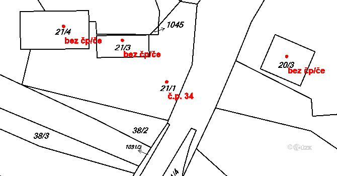 Rudolec 34, Březová na parcele st. 21/1 v KÚ Rudolec u Březové, Katastrální mapa