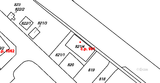 Lužice 991 na parcele st. 821/4 v KÚ Lužice u Hodonína, Katastrální mapa