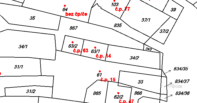 Křižínkov 14 na parcele st. 63/1 v KÚ Křižínkov, Katastrální mapa