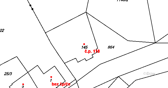 Nedvědice 118 na parcele st. 145 v KÚ Nedvědice pod Pernštejnem, Katastrální mapa