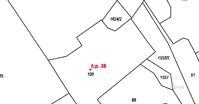 Úbočí 38, Dolní Žandov na parcele st. 108 v KÚ Úbočí u Dolního Žandova, Katastrální mapa