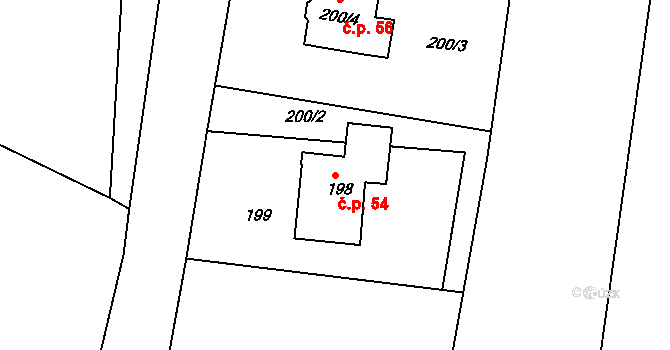 Chrastěšov 54, Vizovice na parcele st. 198 v KÚ Chrastěšov, Katastrální mapa