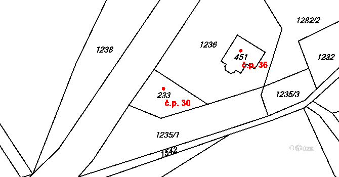 Malinné 30, Prosetín na parcele st. 233 v KÚ Prosetín u Hlinska, Katastrální mapa
