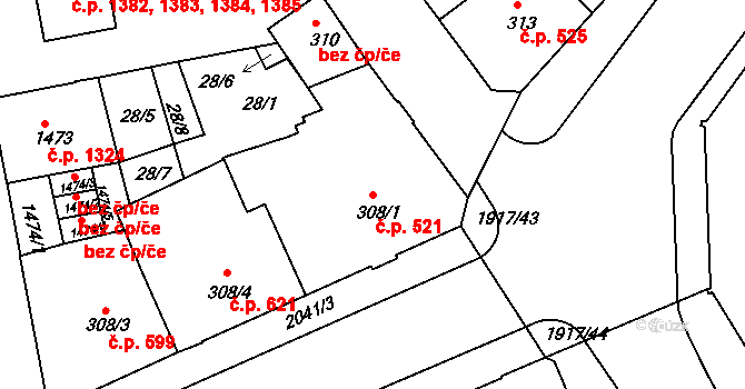 Slaný 521 na parcele st. 308/1 v KÚ Slaný, Katastrální mapa