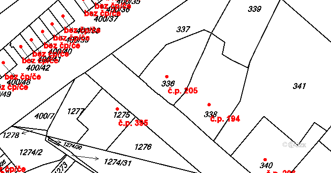 Chrást 205 na parcele st. 336 v KÚ Chrást u Plzně, Katastrální mapa
