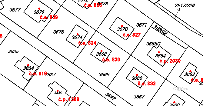Černošice 830 na parcele st. 3668 v KÚ Černošice, Katastrální mapa