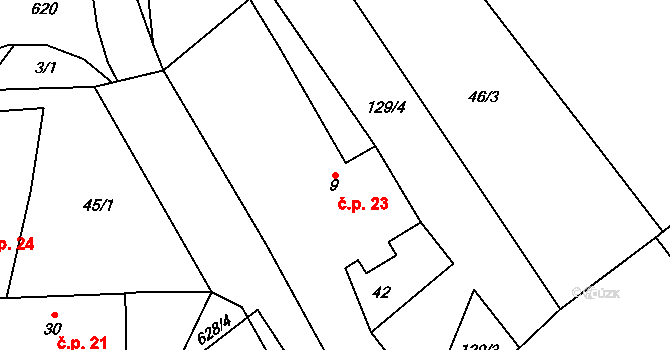 Opočínek 23, Pardubice na parcele st. 9 v KÚ Opočínek, Katastrální mapa