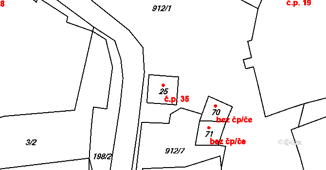 Zhořec 35, Manětín na parcele st. 25 v KÚ Zhořec u Manětína, Katastrální mapa