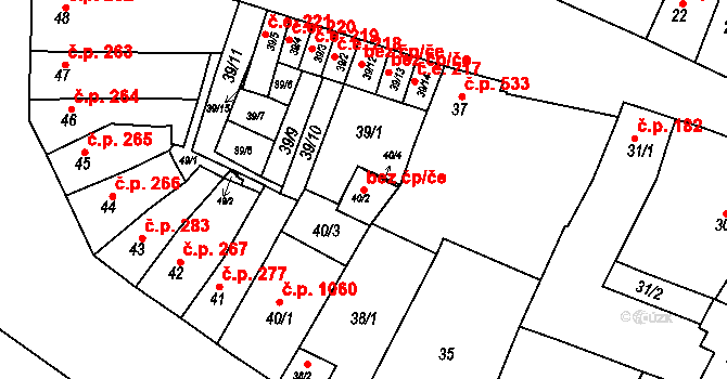 Modřice 88954064 na parcele st. 40/2 v KÚ Modřice, Katastrální mapa