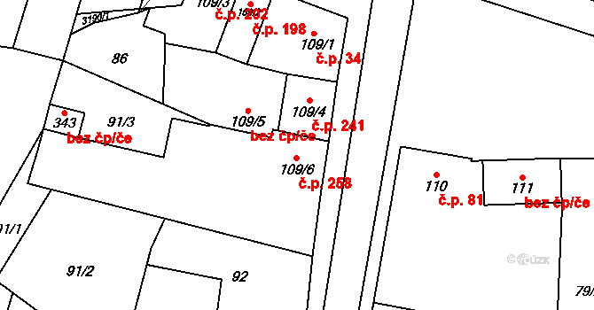 Buškovice 258, Podbořany na parcele st. 109/6 v KÚ Buškovice, Katastrální mapa