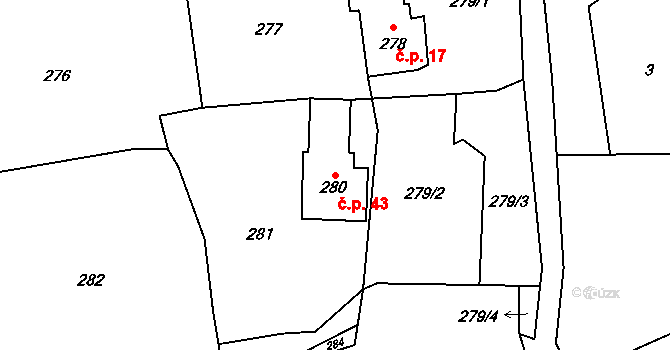 Březí 43, Malečov na parcele st. 280 v KÚ Březí u Malečova, Katastrální mapa