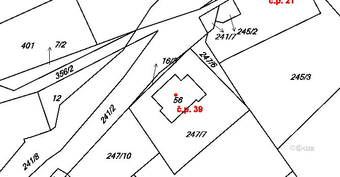 Obrvaň 39, Ledeč nad Sázavou na parcele st. 56 v KÚ Obrvaň, Katastrální mapa