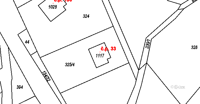Chvaleč 33 na parcele st. 1117 v KÚ Chvaleč, Katastrální mapa