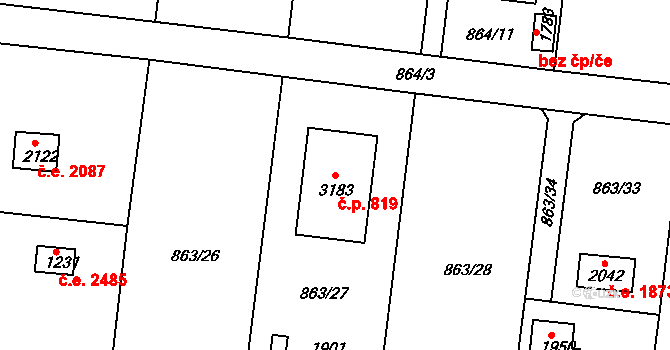 Litice 819, Plzeň na parcele st. 3183 v KÚ Valcha, Katastrální mapa