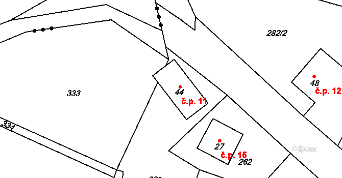 Paseky 11, Hřibiny-Ledská na parcele st. 44 v KÚ Hřibiny, Katastrální mapa