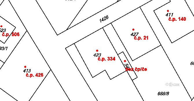 Smržice 334 na parcele st. 423 v KÚ Smržice, Katastrální mapa