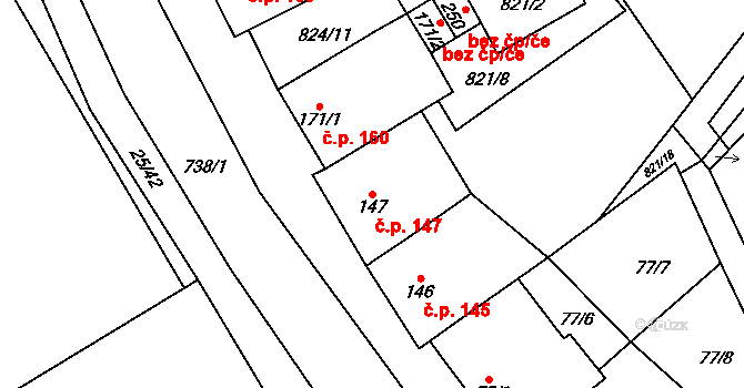 Olbramkostel 147 na parcele st. 147 v KÚ Olbramkostel, Katastrální mapa