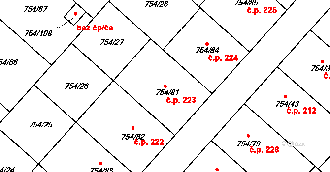 Radslavice 223 na parcele st. 754/81 v KÚ Radslavice u Přerova, Katastrální mapa