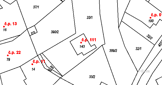 Merklín 111 na parcele st. 143 v KÚ Merklín u Karlových Var, Katastrální mapa