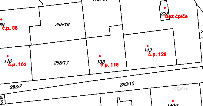 Tuklaty 116 na parcele st. 133 v KÚ Tuklaty, Katastrální mapa