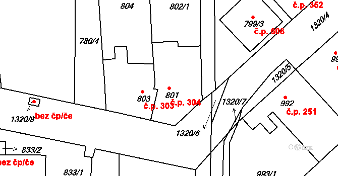 Tuchlovice 304 na parcele st. 801 v KÚ Tuchlovice, Katastrální mapa