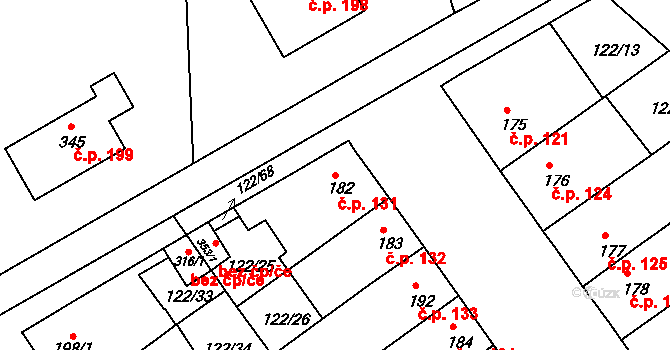 Žalkovice 131 na parcele st. 182 v KÚ Žalkovice, Katastrální mapa