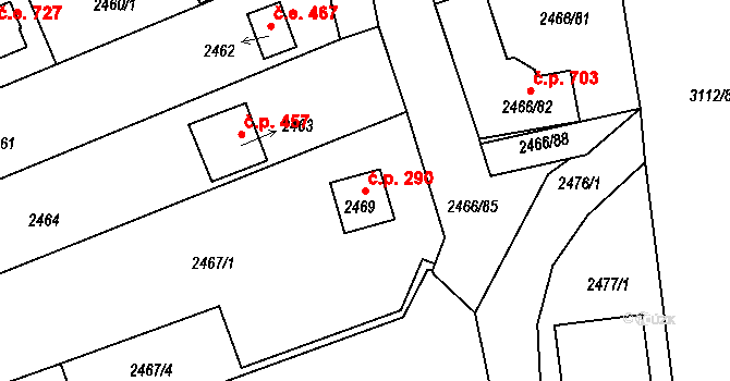 Planá nad Lužnicí 290 na parcele st. 2469 v KÚ Planá nad Lužnicí, Katastrální mapa