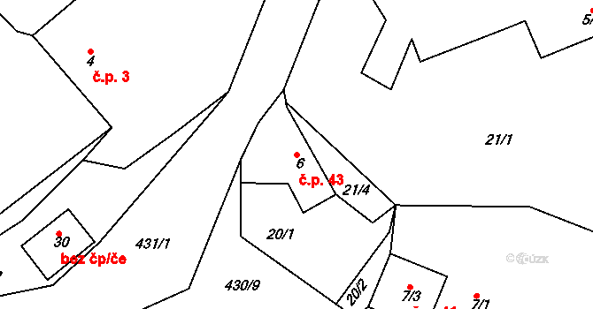 Střeleč 43, Mladějov na parcele st. 6 v KÚ Střeleč, Katastrální mapa