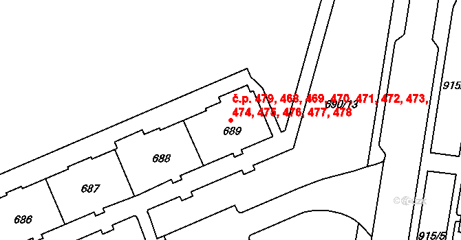 Klášterec nad Ohří 468,469,470,471,472, na parcele st. 689 v KÚ Klášterec nad Ohří, Katastrální mapa